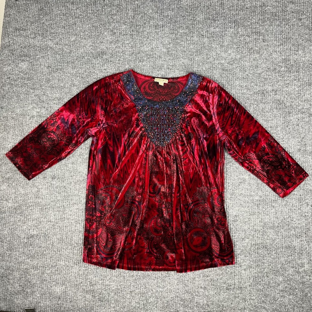 Energe Top Womens XL Velvet Paisley Beaded Boho 3/4 Sleeve Whimsigoth Romance